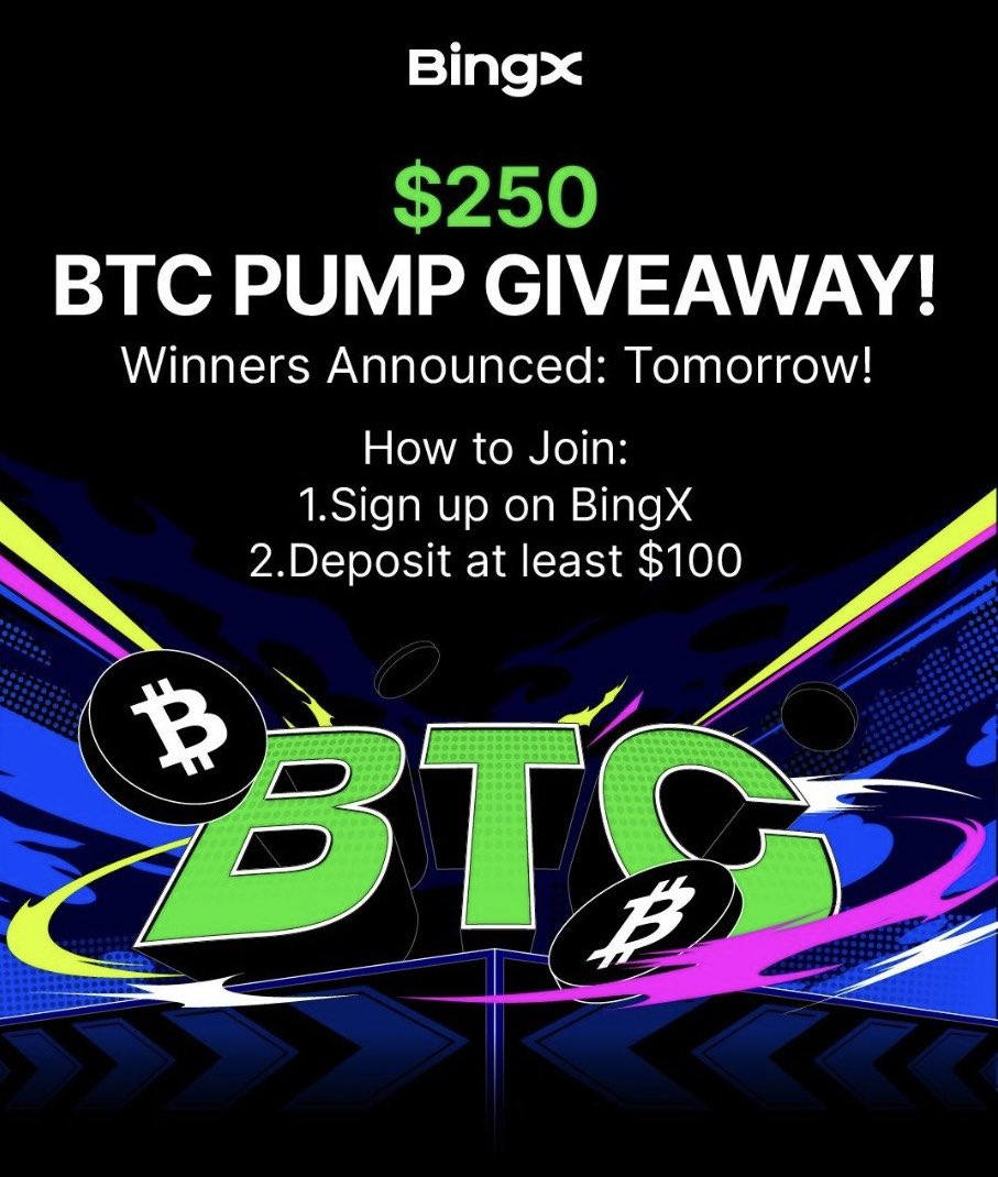 GTECH NETWORK X BINGX 
🚀🚀 $250 BTC Pump Giveaway
🎁 We’re celebrating the Bitcoin pump with $250 in bonuses for GTECH community! 💰
🏆 Winners Announced: Tomorrow!

✅ How to Join:
1️⃣ Sign up on BingX Referral Link👇🏻
bingx.pro/en/rewards?ref…
2️⃣ Deposit at least $100 (1 lucky