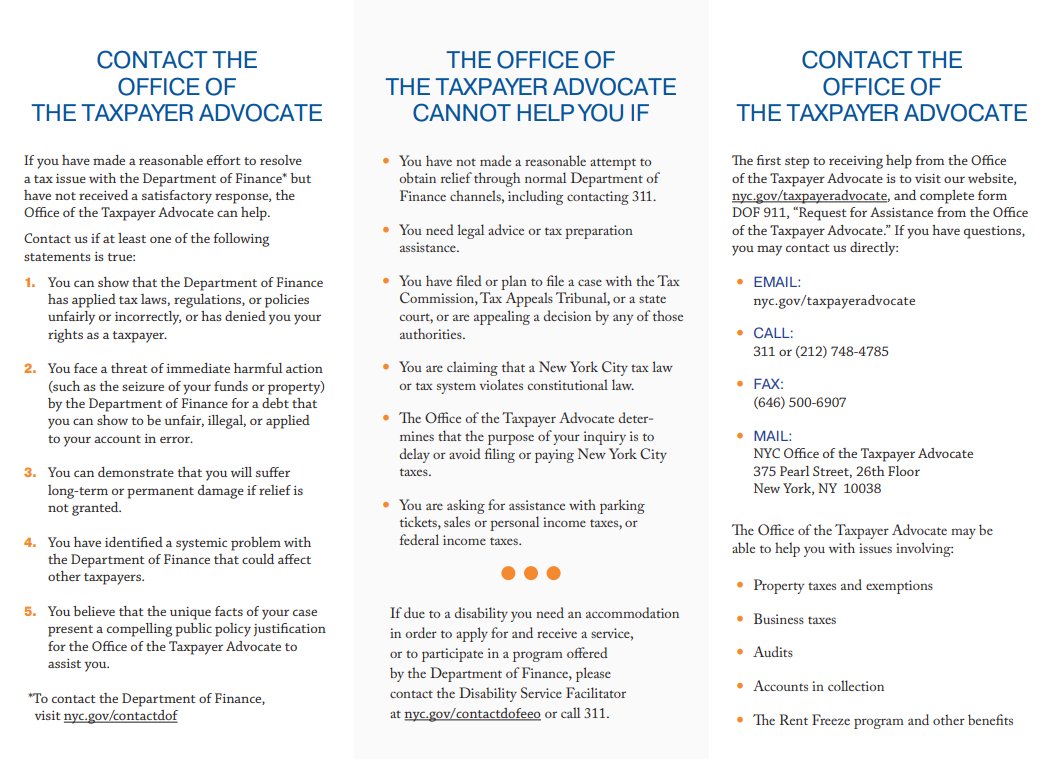 The Office of the Taxpayer Advocate helps NYC taxpayers resolve tax issues after they’ve tried with the Department of Finance. Independent from other DOF divisions, OTA can recommend policy changes and request action on your behalf.

Learn more 👇 and 🔗 okt.to/c4W9zq