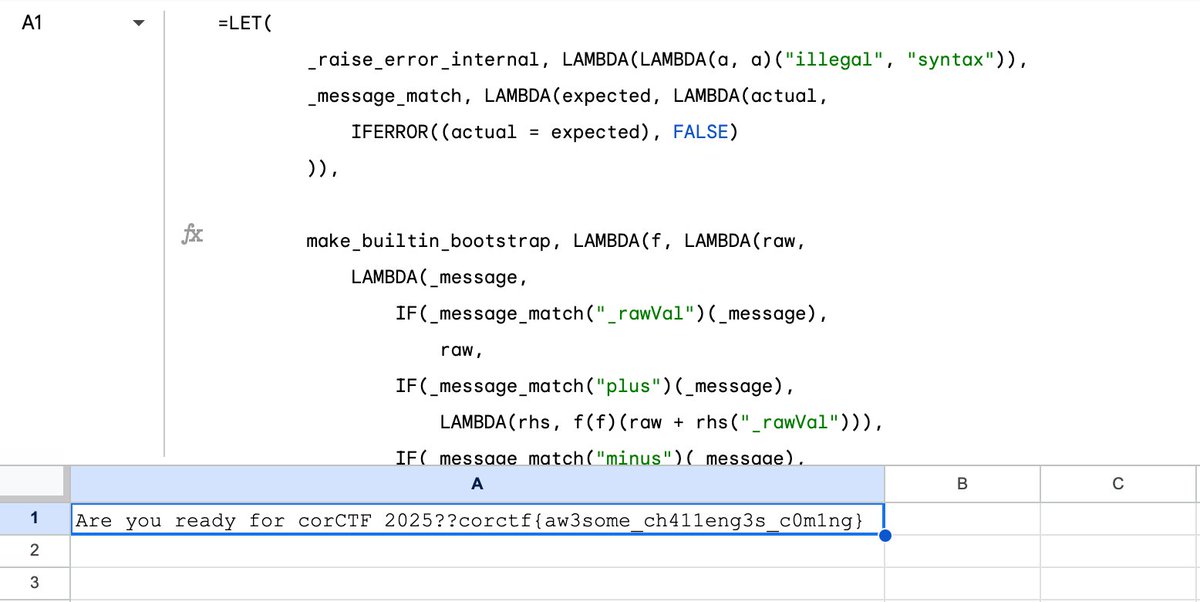 cor_ctf's tweet image. Get ready to reverse-engineer our pure object-oriented programming language, compiling into a pure google sheets functional paradigm!
Get ready for corCTF 2025🔥