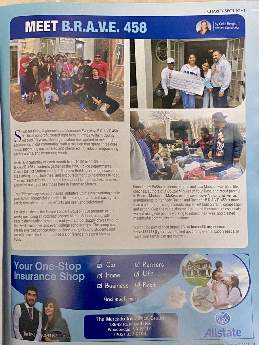 Look at God! B.R.A.V.E.458 is honored and humbled to be recognized in the Potomac Shores Community magazine. We are grateful to serve for the Kingdom. We would like to thank all that volunteers, all that gave and continues to give to the mission and vision.