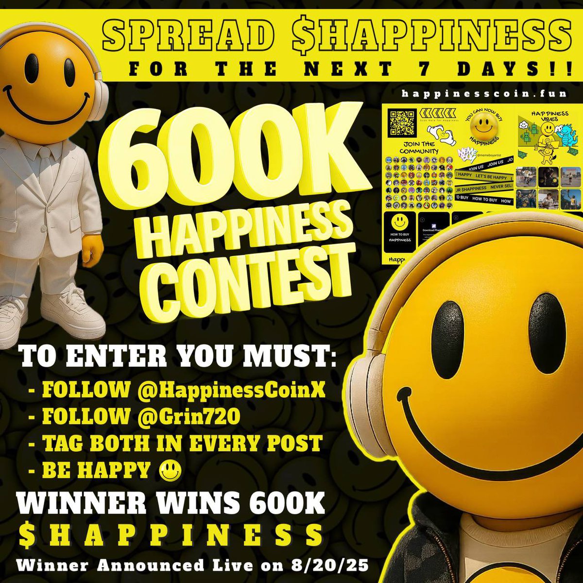 *UPDATE*

Prize is now 600K $HAPPINESS

🙂💰🙂💰🤑💰🤑💰🤑💰🤑💰🙂🙂🙂