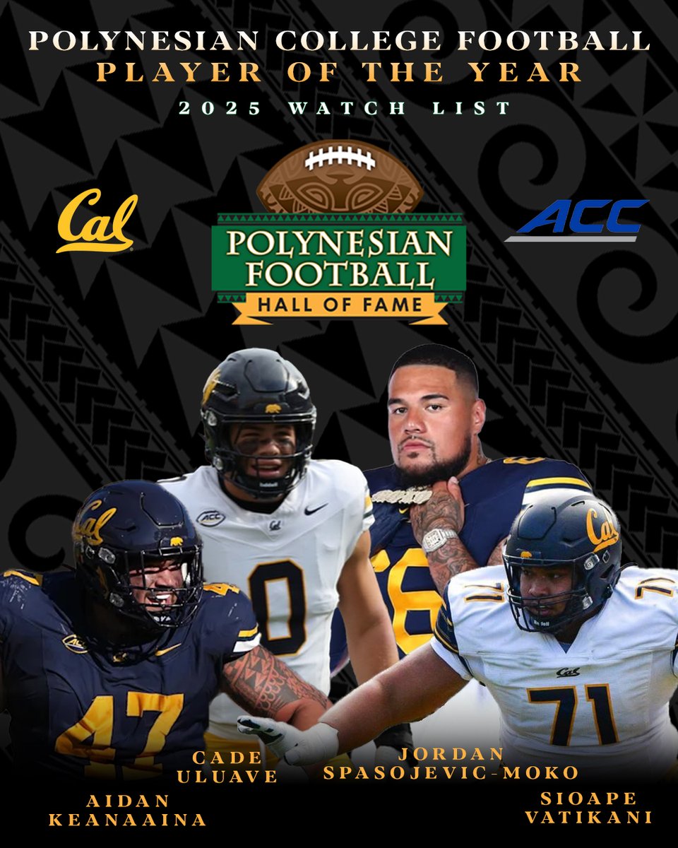 Polynesian Football (@polynesianfbhof) on Twitter photo 2025 Polynesian College Football Player of the Year Award Watch List: <a href="/CalFootball/">Cal Football</a> 🤙🏽🌴
DT Aidan Keanaaina
LB Cade Uluave
LB Jordan Spasojevic-Moko
RG Sioape Vatikani
🔗 polynesianfootballhof.org/releases/2025-… 2025 Polynesian College Football Player of the Year Award Watch List: <a href="/CalFootball/">Cal Football</a> 🤙🏽🌴
DT Aidan Keanaaina
LB Cade Uluave
LB Jordan Spasojevic-Moko
RG Sioape Vatikani
🔗 polynesianfootballhof.org/releases/2025-…