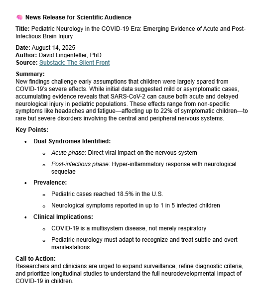 New findings challenge early assumptions that children were largely spared from COVID-19’s severe effects.

Accumulating evidence reveals that it can cause both acute and delayed neurological injury in pediatric populations.
gemini.google.com/share/859af079…