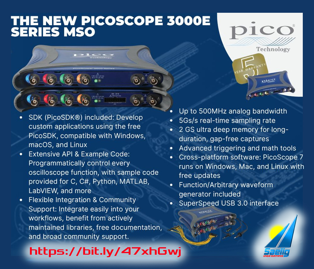 Saelig's tweet image. Analyze, Automate, Innovate! PicoScope 3000E MSO + PicoSDK: Ready for your bench &amp;amp; code. From signal debugging to system-level automation, PicoScope 3000E MSO with PicoSDK for a custom A/D solution!   bit.ly/47xhGwj #MixedSignal #TestAndMeasurement #PicoScope3000E