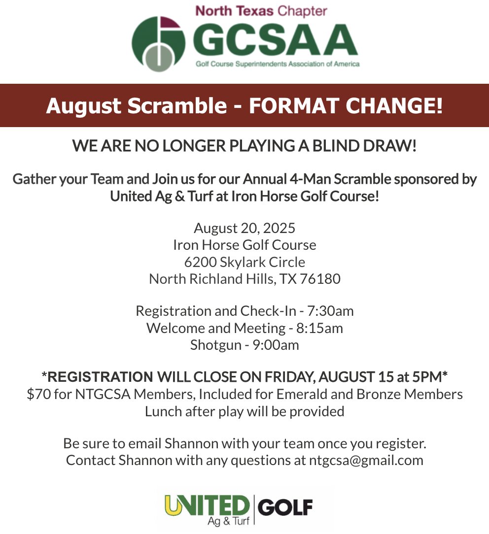 Last chance to register for next week's 4-man scramble at Iron Horse. We are no longer doing a blind draw. Grab your team and get signed up at ntgcsa.org/meetinginfo.ph…

Registration closes tomorrow, Friday, August 15 at 5pm.