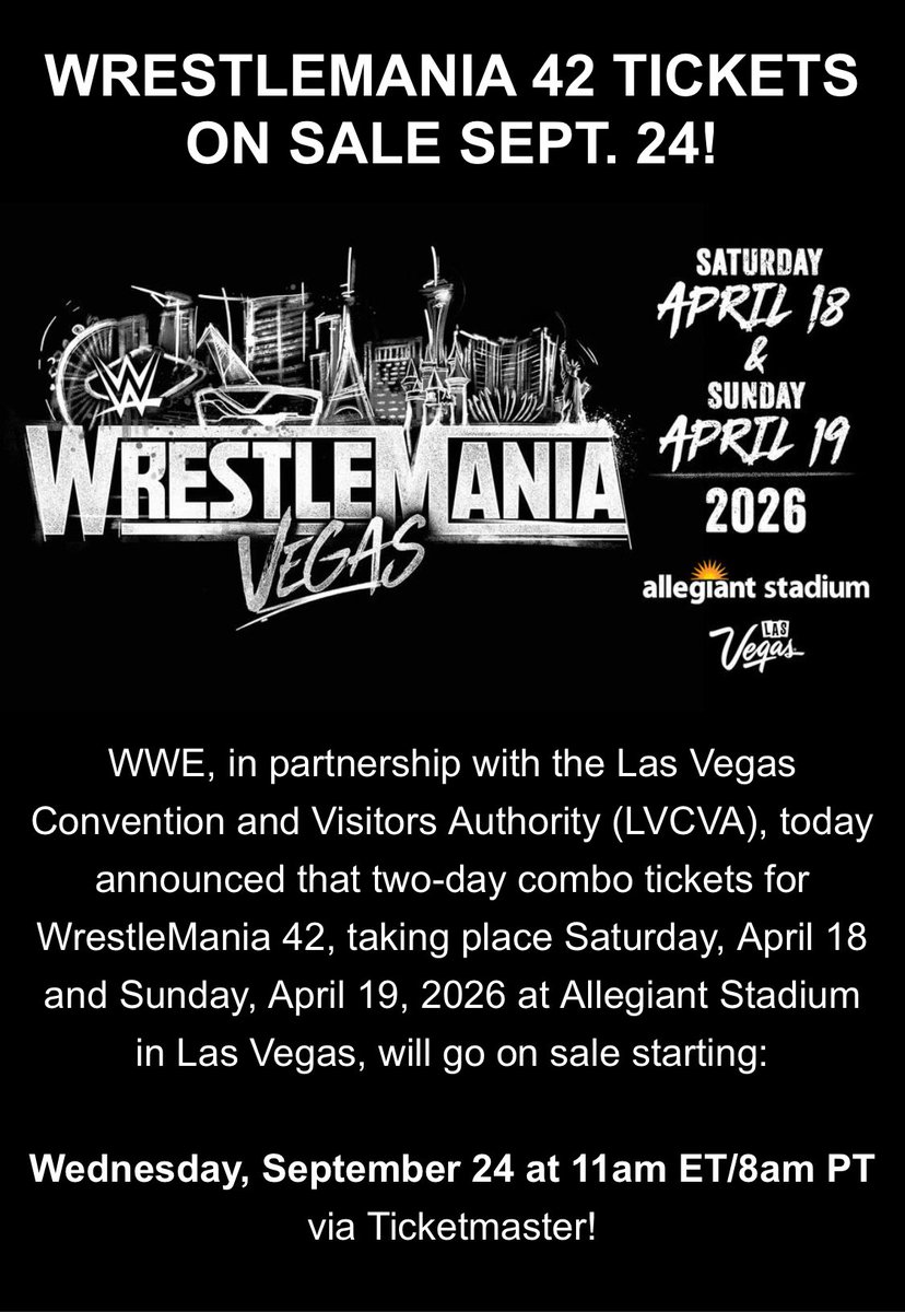 WrestleMania 42 2-Day combo tickets go on sale September 24.
