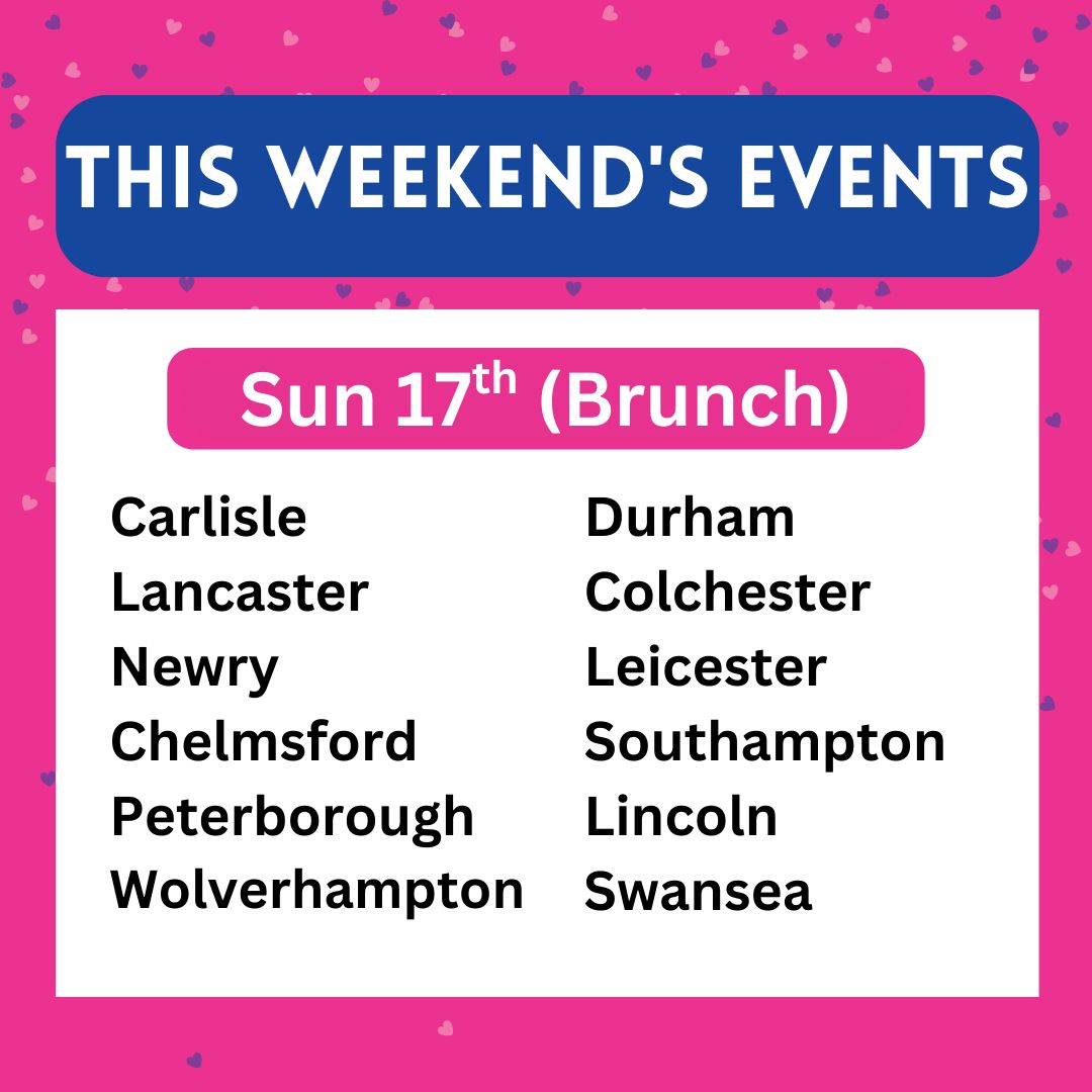 UnifiedDating's tweet photo. Here are the locations and dates for this weekend's events! ❤️ For more info and to book: https://t.co/imk8AMO0A7 #unifieddating #Liverpool #Nottingham #Newcastle #Manchester #London #Belfast #Birmingham #Norwich #York #Exeter #MiltonKeynes #Worcester #Brighton #Edinburgh https://t.co/rRIcZoEOUj