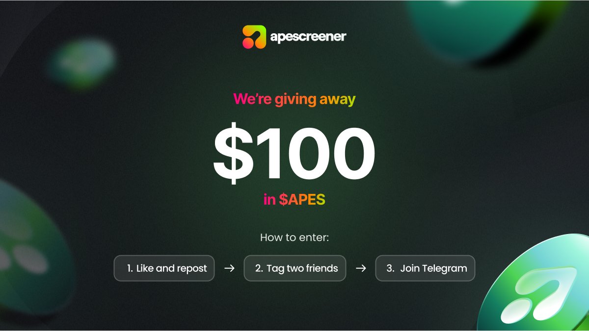 ApeScreener (@apescreener) on Twitter photo 🎁 GIVEAWAY ALERT 🎁
To thank our early supporters, we’re giving away $100 in $APES!
To enter:
1️⃣ Like, RT, and Follow <a href="/apescreener/">ApeScreener</a>
2️⃣ Tag two friends who need PRIME
3️⃣ Join Telegram!
⏳ 48 hours
✨ Good luck, Apes fam! ✨ 🎁 GIVEAWAY ALERT 🎁
To thank our early supporters, we’re giving away $100 in $APES!
To enter:
1️⃣ Like, RT, and Follow <a href="/apescreener/">ApeScreener</a>
2️⃣ Tag two friends who need PRIME
3️⃣ Join Telegram!
⏳ 48 hours
✨ Good luck, Apes fam! ✨