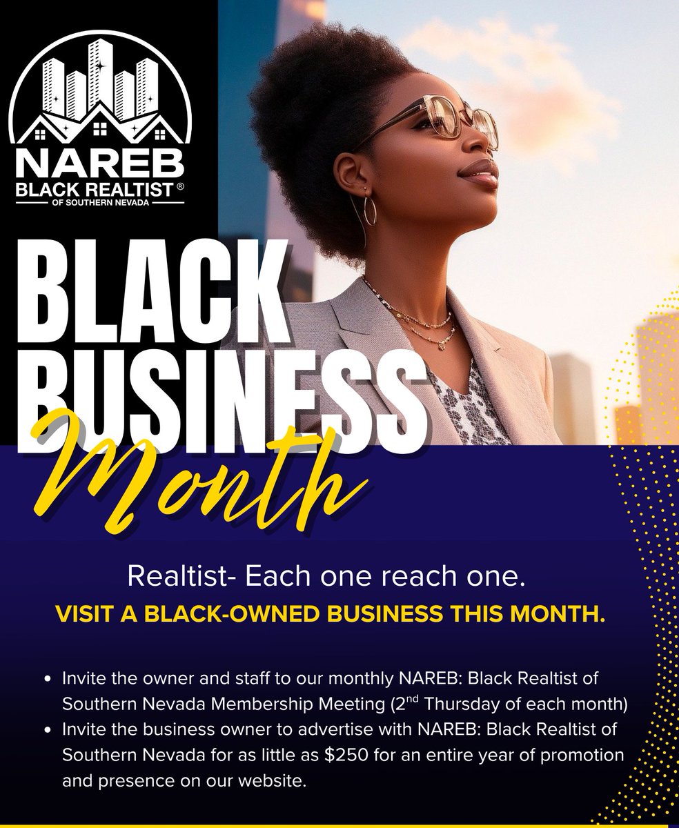 NAREBLV's tweet photo. NAREB supports Black Businesses! Come on Realtist- spread the word and get your favorite Black business involved. Why not ask them to our Membership breakfast at 10:30 today at American Pacific Mortgage on Lake Mead. See you there!

#nareb #nareblv #passionateaboutequality https://t.co/ABym9R1IuW