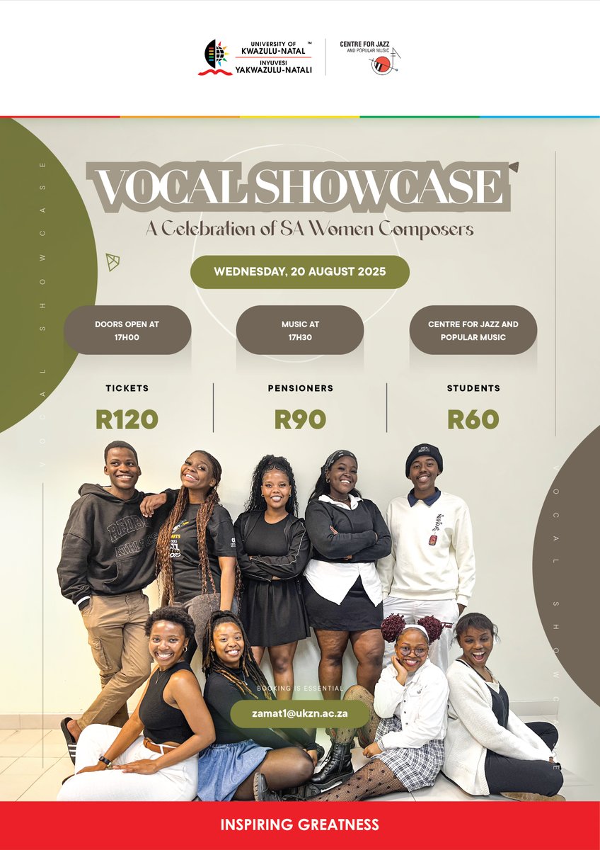 Celebrate SA women composers sung by jazz and pop voice students
Vocal Showcase
20 August 17:30
<a href="/UKZN/">University of KZN</a>, Jazzcentre, Dennis Shepstone Building, Level 2
Tickets available at the door: R120, R90 for pensioners, R60 for students
Tickets will be available for cash at the door
