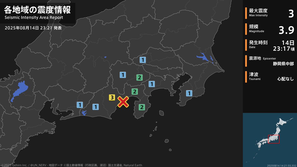 UN_NERV's tweet photo. 【地震情報 2025年8月14日】
23時17分頃、静岡県中部を震源とする地震がありました。震源の深さは約20km、地震の規模はM3.9、最大震度3を静岡県で観測しています。この地震による津波の心配はありません。 https://t.co/jan5kqZIUa