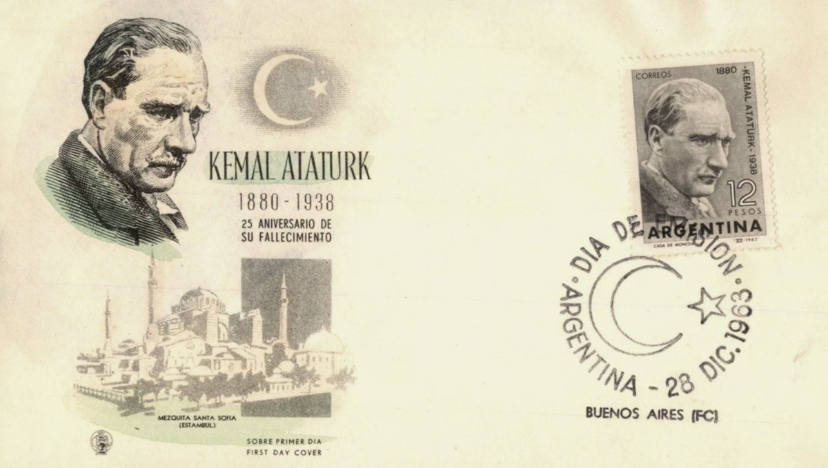 Atatürk'ün ebediyete intikalinin 25. yıl dönümünde Arjantin'de bastırılan ilk gün zarfı.