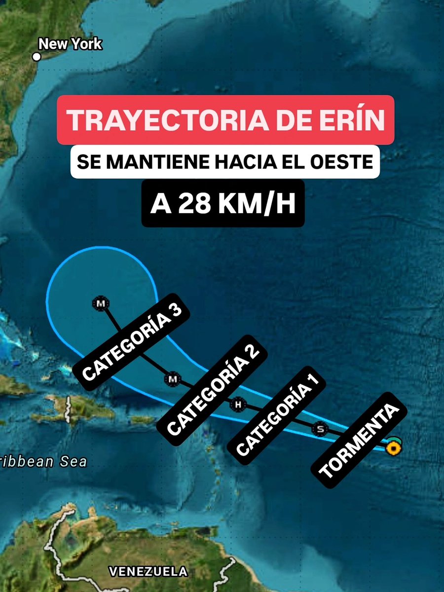🔴🔴ACTUALIZACIÓN | La Tormenta Tropical Erín ha ganado intensidad en las últimas horas y su rango de influencia ahora se extiende entre 900 y 1200 kilómetros: es suficiente para cubrir entre dos o tres veces a República Dominicana; por lo tanto, aunque no represente peligro de