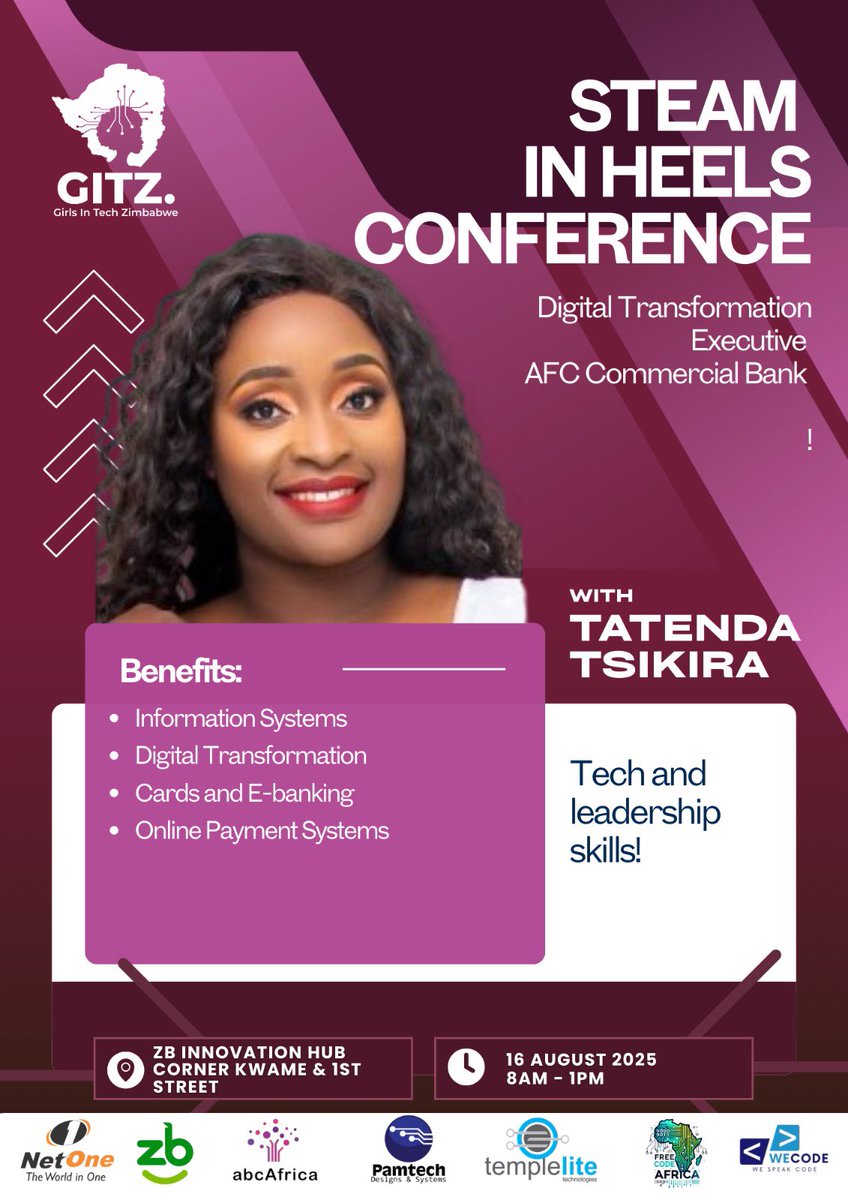 Gracing the STEAM in Heels Conference is the Head of Digital Transformation at AFC Commercial Bank Tatenda Tsikira this Saturday at the ZB Innovation Hub.

#STEAM #DigitalTransformation #AcceleratingAction