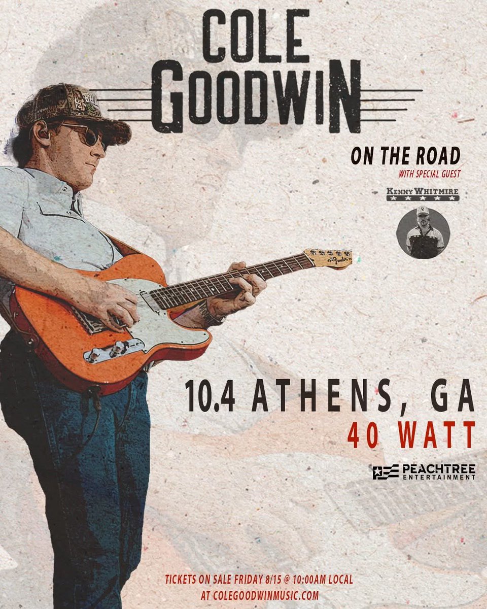 🎶 Just Announced! 🎶
Saturday, October 4th – Peachtree Entertainment presents:
✨ Cole Goodwin ✨

🎟️ Tickets: $20 ADV / $25 DOS
⏰ Doors 7:00 • Show 8:00
🎟️ Grab yours now: Friday August 15th - 10:00 AM