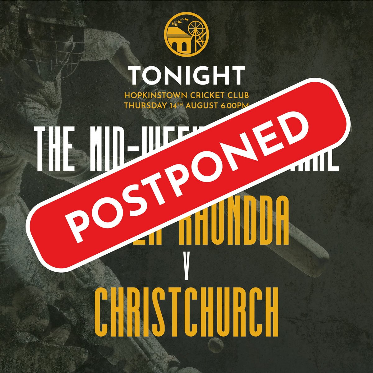 Hopkinstown CC ๐ (@hopkinstowncc) on Twitter photo This eveningโs cup final between <a href="/upper_rhonddacc/">Upper Rhondda Cricket Club</a> & Christchurch Cricket Club has been postponed due to the weather๐ง๏ธ
The game is looking to be rearranged for Thursday 21st August This eveningโs cup final between <a href="/upper_rhonddacc/">Upper Rhondda Cricket Club</a> & Christchurch Cricket Club has been postponed due to the weather๐ง๏ธ
The game is looking to be rearranged for Thursday 21st August