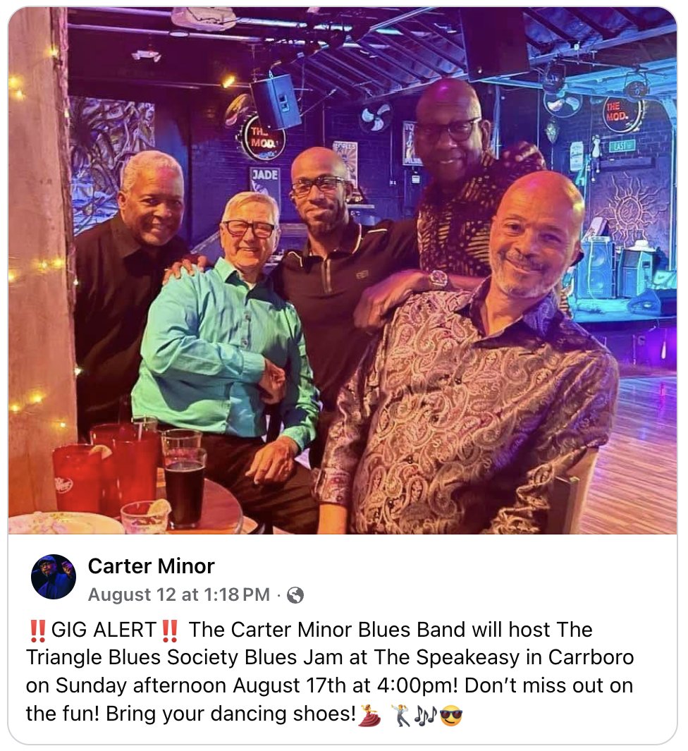 The Triangle Blues Society's Third Sunday Jam is on tap this weekend, with the Carter Minor Blues Band as host. Stop by at 4 p.m. Aug. 17 at the <a href="/YourSpeakeasy/">SpeakeasyCarrboro</a> in Carrboro! 

Find out more here: facebook.com/events/1660968…