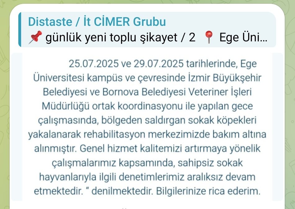 🟥 Şikayetimizin ardından YTÜ'den sonra Ege Ünideki köpeklerin de toplandığına dair yanıt geldi. Cimer şikayetleri işe yarıyor. Sırada ODTÜ var. Grup linki ilk yanıtta ⬇️