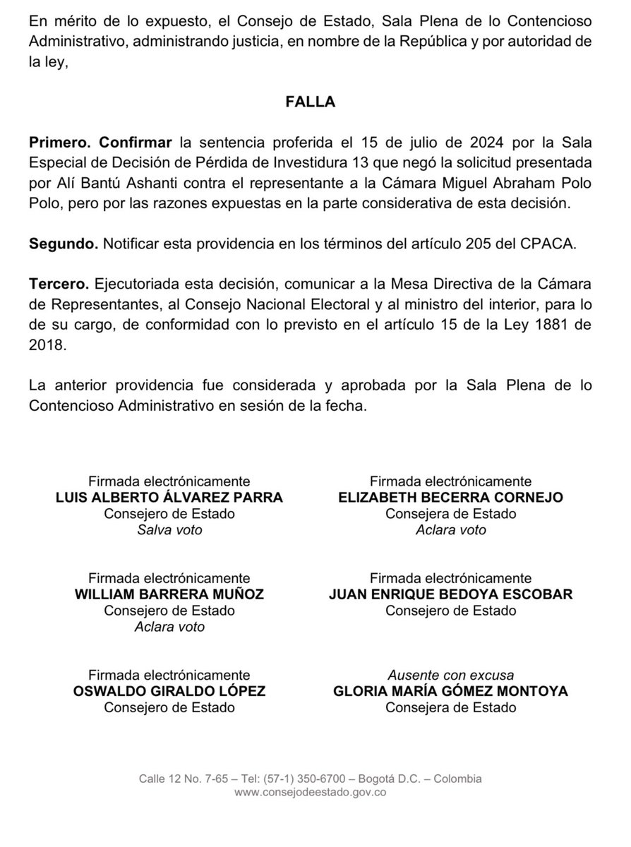 Jhonatan Peláez (@jhonatanpelaezs) on Twitter photo Como abogado de <a href="/MiguelPoloP/">MIGUEL ABRAHAM POLO POLO</a> informo que el Consejo de Estado nos acaba de notificar que resolvió confirmar la sentencia proferida el 15 de julio de 2024 por la Sala Especial de Decisión de Pérdida de Investidura 13 que negó la solicitud presentada por Alí Bantú Ashanti. Como abogado de <a href="/MiguelPoloP/">MIGUEL ABRAHAM POLO POLO</a> informo que el Consejo de Estado nos acaba de notificar que resolvió confirmar la sentencia proferida el 15 de julio de 2024 por la Sala Especial de Decisión de Pérdida de Investidura 13 que negó la solicitud presentada por Alí Bantú Ashanti.