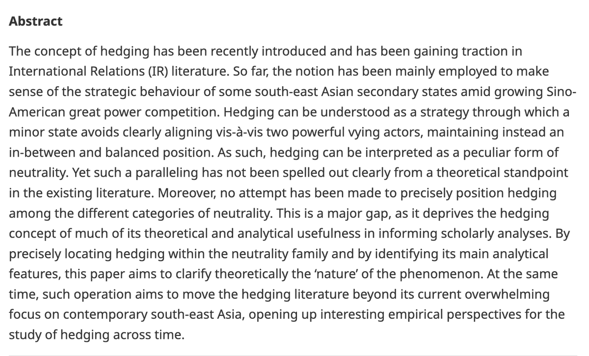 EJIntSec's tweet photo. 📖🚀 "Choosing not to choose: Hedging as a category of neutrality" from Fabio Figiaconi is fabio-lous (ahem) and precise analysis of hedging in contemporary international relations. 

👉 Open access and available here: https://t.co/QJ4C53qp4u

@FFigiaconi @CSDS_Brussels https://t.co/ytsIc9dVLE