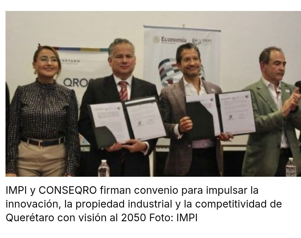 MéxicoSi🇲🇽 (@marceloe2024) on Twitter photo El <a href="/IMPI_Mexico/">IMPI</a> y el <a href="/conseqro/">Consejo Querétaro para la Planeación Estratégica</a> formalizaron un convenio de colaboración que marca un paso decisivo hacia un Querétaro más innovador, competitivo y sostenible
El acto fue encabezado por <a href="/SNietoCastillo/">Santiago Nieto</a>, y Ricardo Pereda, presidente del CONSEQRO.
heraldodemexico.com.mx/edicion-impres… El <a href="/IMPI_Mexico/">IMPI</a> y el <a href="/conseqro/">Consejo Querétaro para la Planeación Estratégica</a> formalizaron un convenio de colaboración que marca un paso decisivo hacia un Querétaro más innovador, competitivo y sostenible
El acto fue encabezado por <a href="/SNietoCastillo/">Santiago Nieto</a>, y Ricardo Pereda, presidente del CONSEQRO.
heraldodemexico.com.mx/edicion-impres…