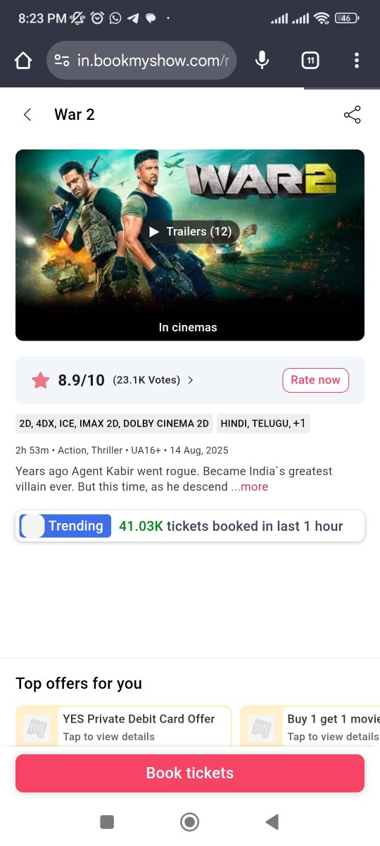 HrtihikB's tweet photo. hourly sale on BMS 41k vs 32k
Public is the real decider! 
#War2 is one of the best action Entertainers 🔥
Least promotions,no scam booking, no critics buy, not tried anything unethical to hype the movie..now public is value the hard work &amp; honesty of #War2 team
#HrithikRoshan https://t.co/4EFJ6k9BhS