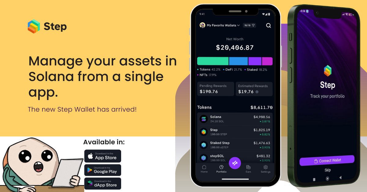 Introducing our new DeFi sidekick - STEP WALLET

Step Wallet is here to help you keep an eagle eye on your Solana portfolio, follow your favorite tokens, and spot fresh earning opportunities — all from one sleek app.

- Track your growth.
- Watch the markets.
- Make your next