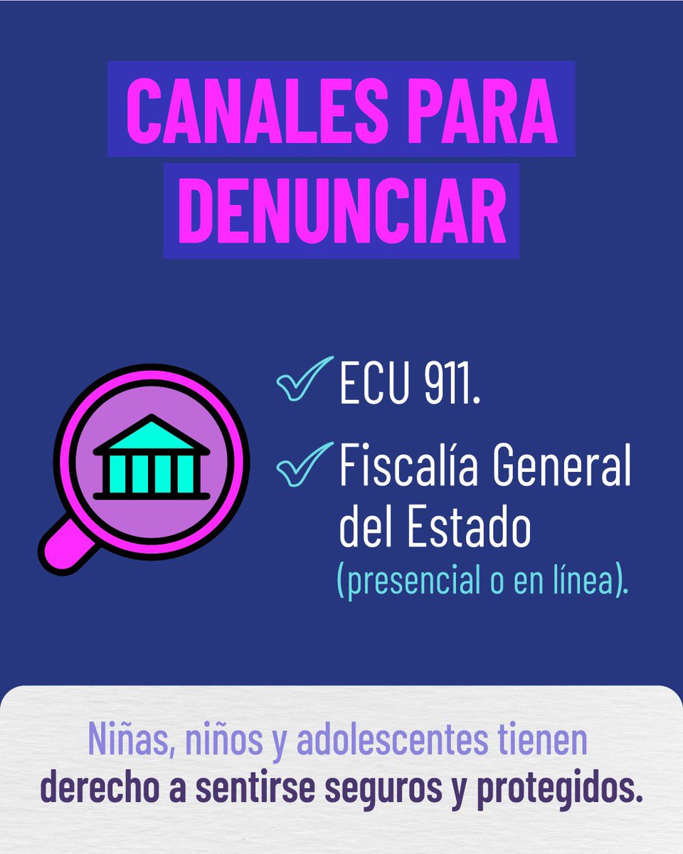 Educacion_Ec's tweet photo. 📚 Toda persona que conozca de un hecho de violencia sexual contra una niña, niño o adolescente tiene la responsabilidad y obligación de denunciar de manera inmediata. 👧🏻👦🏻

🤝 ¿Por qué es importante denunciar?
Para proteger a la víctima, evitar agresiones y activar los mecanismos de protección integral.

¡Juntos podemos romper el silencio y construir una cultura de respeto, protección y equidad!

#NosCuidamos 
#ElNuevoEcuador