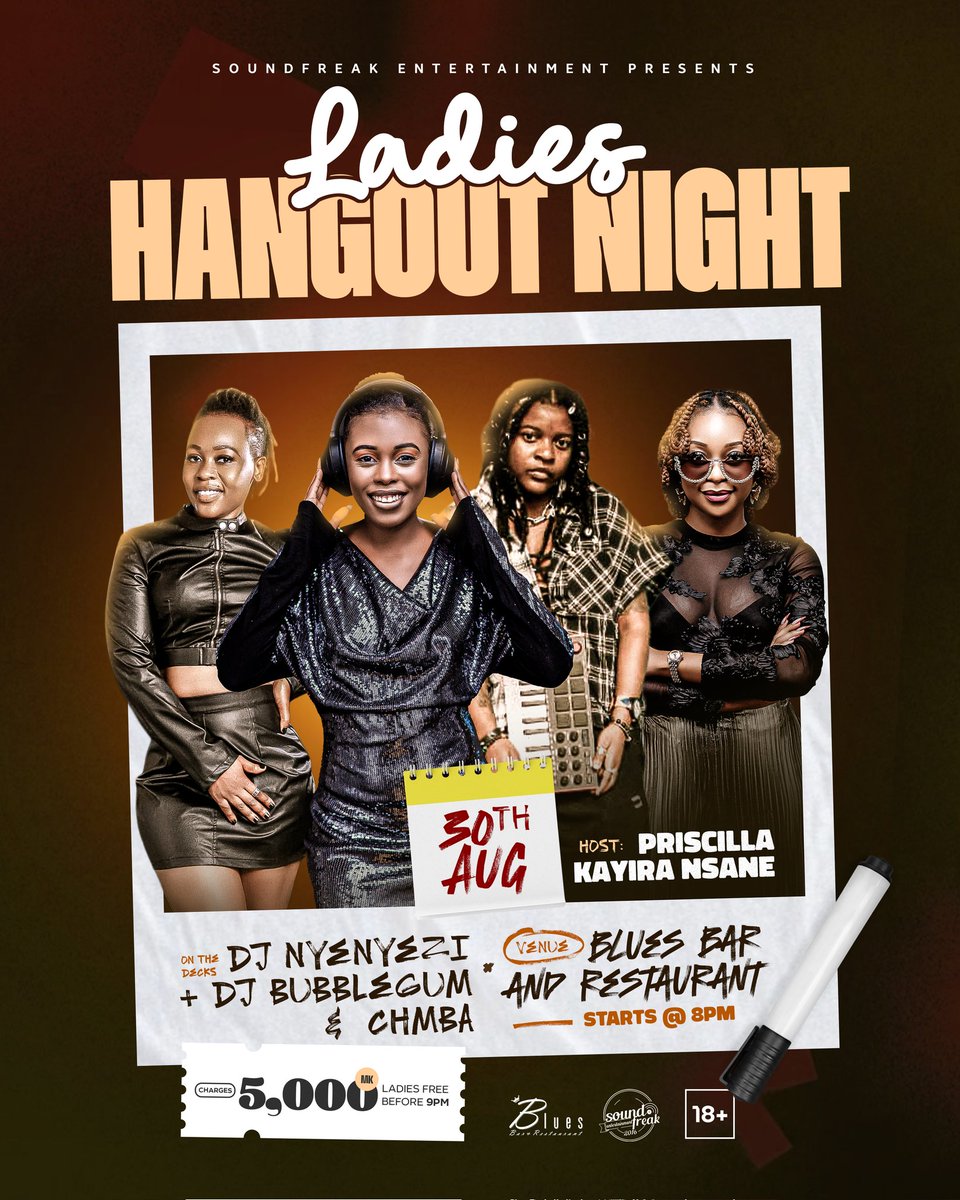 #AD

Join us for Ladies Hangout Night on August 30, 2025, at Blues Bar &amp; Restaurant, starting at 8:00 PM.

Charges is K5,000 at the door, but ladies get in free before 9:00 PM.

Your host for the evening will be Priscilla Kayira Nsane, along with your favorite DJs: Nyenyezi,