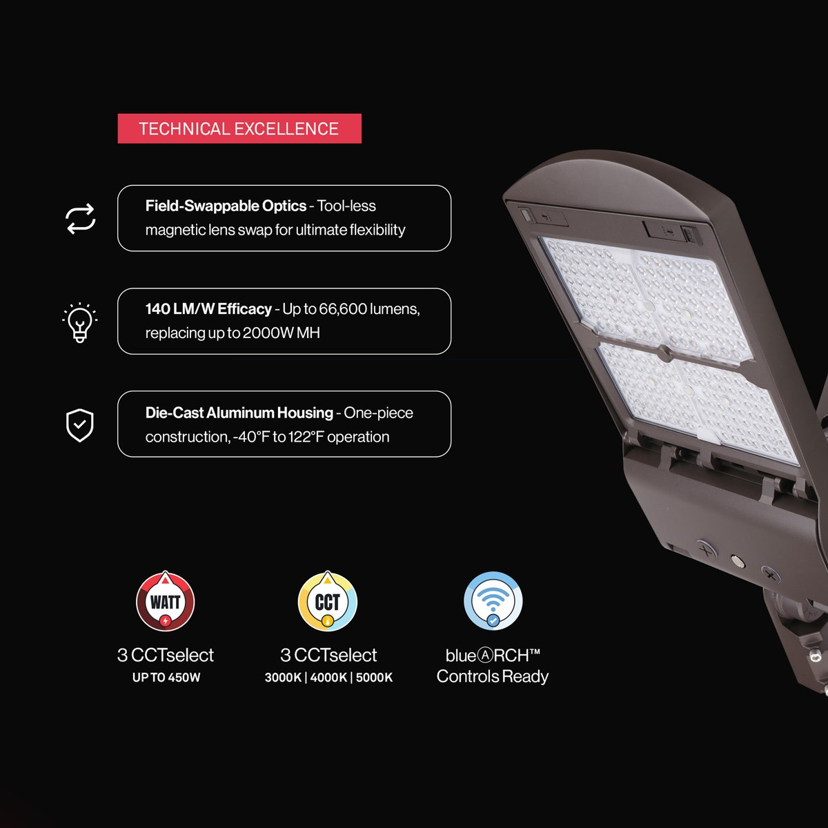 ArchipelagoLED's tweet image. The Liberty series is changing outdoor lighting 💡 Rugged, smart, and Dark Sky compliant 🌌 Swap optics tool-free, select wattage &amp;amp; CCT, and light up with precision. #LEDInnovation #LightingDesign
