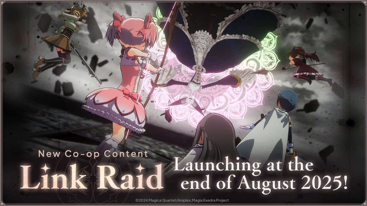 madoka_exedraEN's tweet photo. ━━━━━━━━━━━
Magia Exedra Latest Info
━━━━━━━━━━━
▼From 8/15 (Fri) 12:00 (UTC+9)
Main Quest "Magia Record Part 1" Final Chapter releases!
- 3,170 Magica Stones by clearing through the Main Quest "Blessed Witch" (Nightmare)
- Holy Mami arrives
- Various events & missions

▼End of August 
New co-op content "Link Raid" launches!