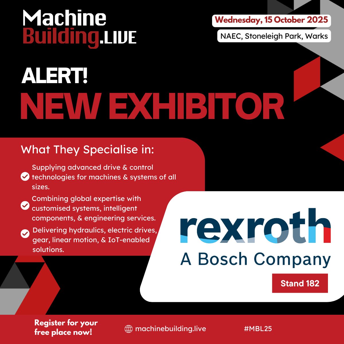 MachineBuilding.net (@machbuild) on Twitter photo We are delighted to welcome <a href="/BoschRexrothUK/">Bosch Rexroth Ltd</a> to MachineBuildingLive, taking place at the NAEC, Stoneleigh Park on 15 October 2025. Find out more here: bit.ly/3GHdsY7 Free to attend: bit.ly/4kQ9WbU
#MBL25 #engineering #ukmanufacturing We are delighted to welcome <a href="/BoschRexrothUK/">Bosch Rexroth Ltd</a> to MachineBuildingLive, taking place at the NAEC, Stoneleigh Park on 15 October 2025. Find out more here: bit.ly/3GHdsY7 Free to attend: bit.ly/4kQ9WbU
#MBL25 #engineering #ukmanufacturing