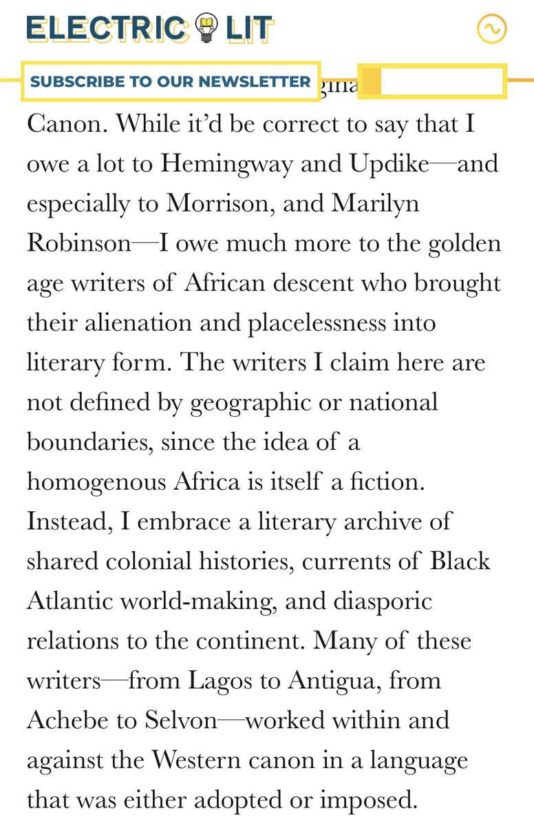Tochi Eze (@tochi5) on Twitter photo In this essay for <a href="/ElectricLit/">Electric Literature</a> I bring together (match-make, really) a few of the African novelists I admire and pair them with writers of the African-Atlantic inheritance who have influenced my work.
So many thanks to the editors for having me. electricliterature.com/7-african-nove… In this essay for <a href="/ElectricLit/">Electric Literature</a> I bring together (match-make, really) a few of the African novelists I admire and pair them with writers of the African-Atlantic inheritance who have influenced my work.
So many thanks to the editors for having me. electricliterature.com/7-african-nove…