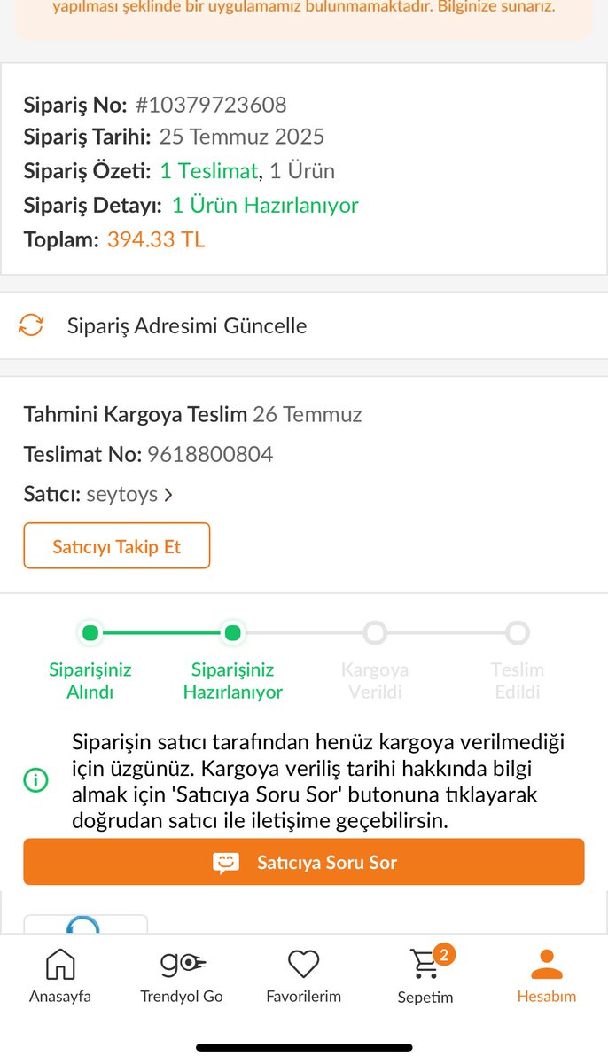 erbas45's tweet photo. @Trendyol 25 Temmuz’dan beri siparişim hazırlanıyor. Seneye gelir mi acaba? https://t.co/o1XV8XrzS6