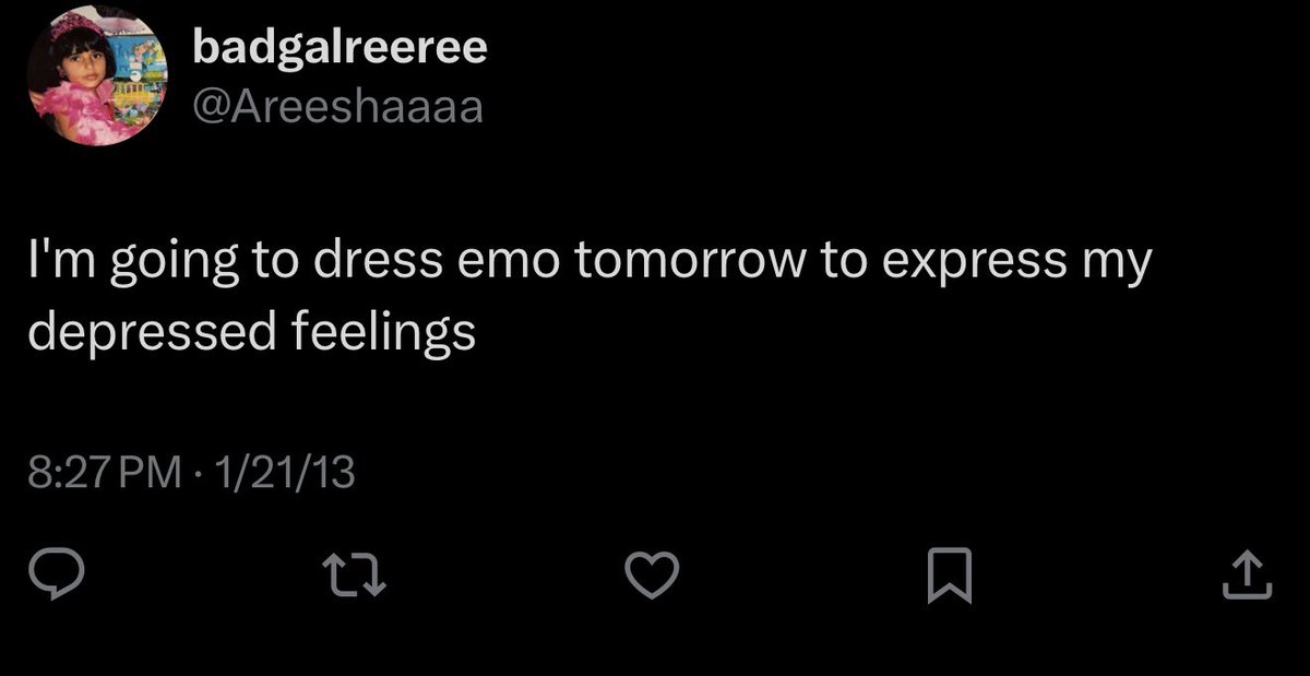Areeshaaaa's tweet photo. The other day I thought I had an epiphany that maybe I was depressed in high school, only to find THESE tweets from when I was 15 yrs old lmfao like ok Sherlock https://t.co/8iLVSZjkaF