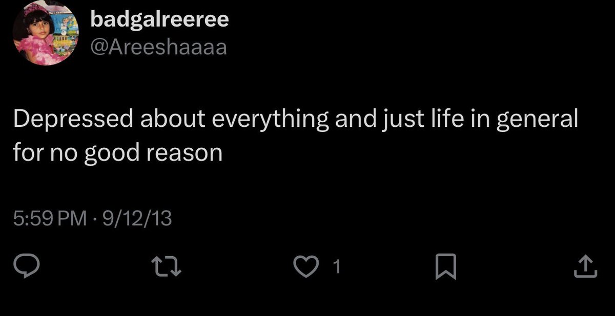 Areeshaaaa's tweet photo. The other day I thought I had an epiphany that maybe I was depressed in high school, only to find THESE tweets from when I was 15 yrs old lmfao like ok Sherlock https://t.co/8iLVSZjkaF