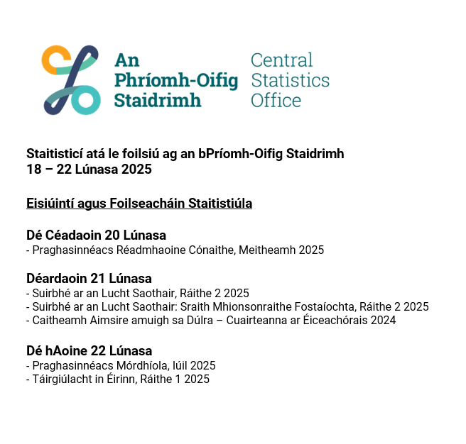 Staitisticí atá le foilsiú ag an bPríomh-Oifig Staidrimh
18 – 22 Lúnasa 2025

Féilire Eisiúna:  cso.ie/en/csolatestne…   [Lch i mBéarla]

#POStaidrimh #Éire