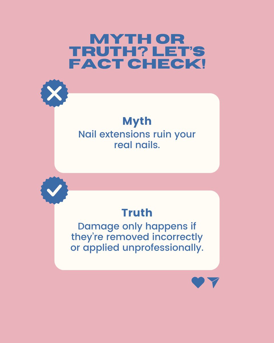 NidhiShah891291's tweet image. 🚫 MYTH BUSTED! 💅
Think nail extensions ruin your real nails? Think again!

✅ The truth is—they’re completely safe when applied &amp;amp; removed by professionals (like us 😉).

Book with experts, not regrets! ✨

#Tiptales #NailMythsBusted #NailFacts #SafeNailExtensions #NailCareTips