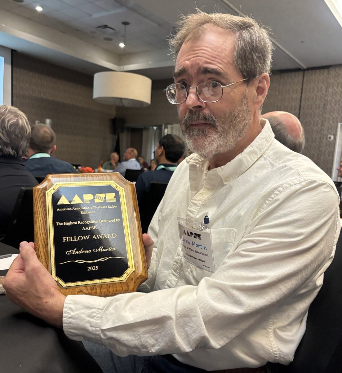 IndianaChemist's tweet image. Please join us in congratulating Dr. Drew Martin, Exam Development Specialist with the C&amp;amp;T section. Drew received the American Association Pesticide Safety Educators (AAPSE) Fellow Award. The Fellow Award is the highest recognition bestowed by AAPSE 😀
#OISC #Indianaag