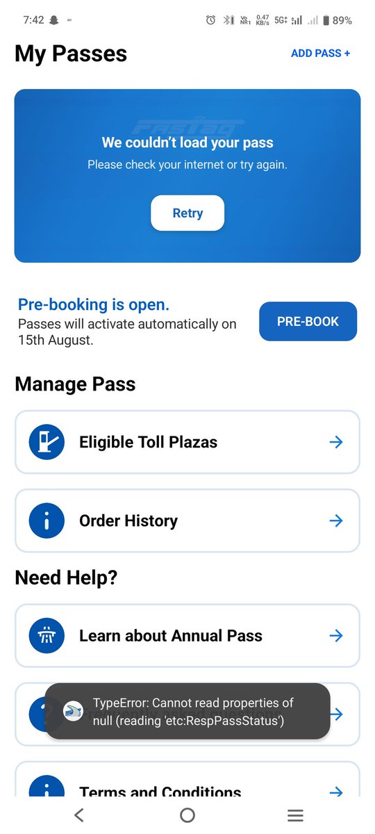 Swapnil180899's tweet photo. @1033_Helpline @NHAI_Official I have purchased annual pass but when I try to get details I am getting an error.
When I will be able to use the pass. I wanted to use the annual pass from 15th Aug itself. https://t.co/tv4lCwLLj2