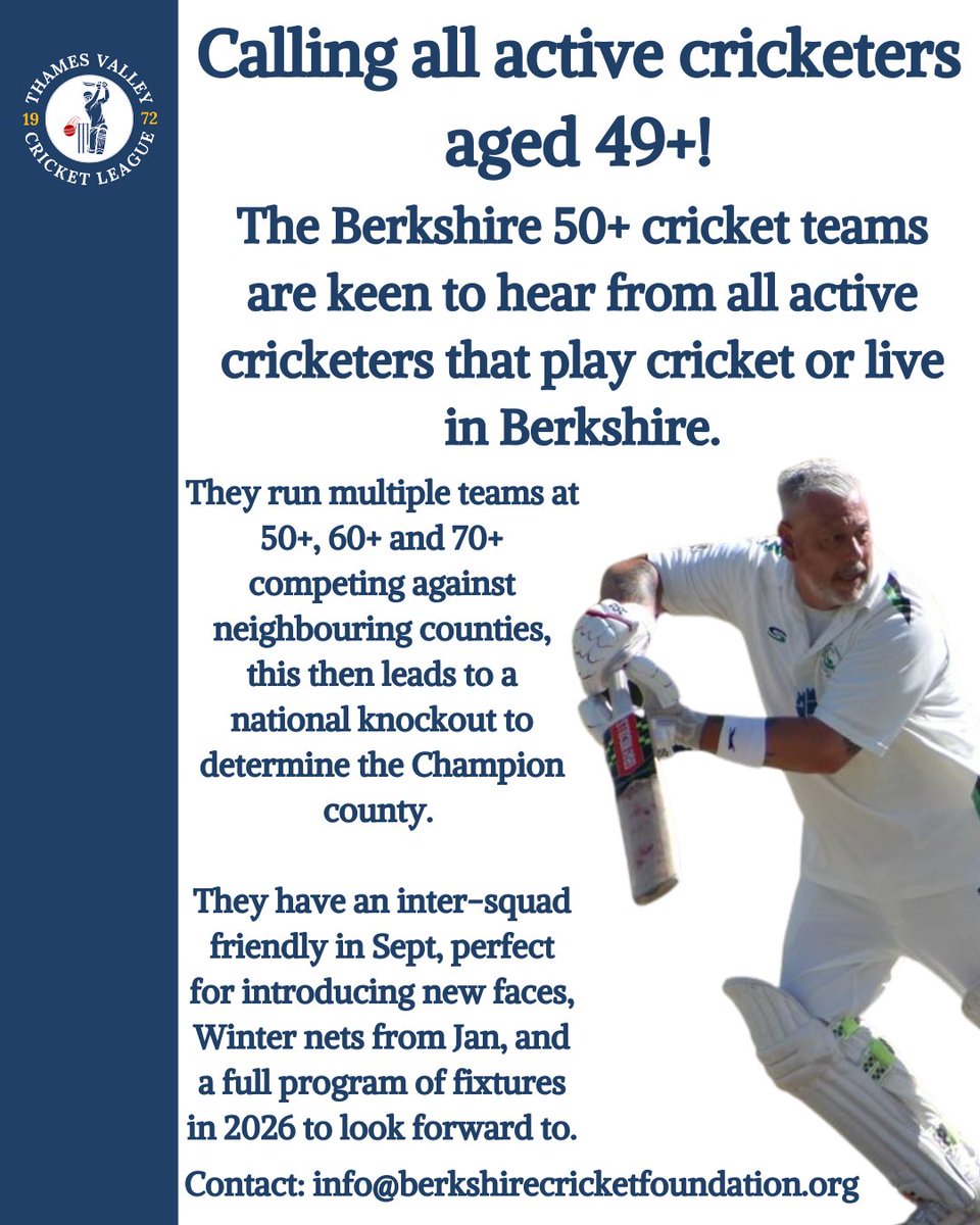 If you are aged 49 and over, we are looking for all active cricketers in Berkshire! 

For more information or to join, please email info@berkshirecricketfoundation.org

#Cricket #ThamesValley #ThamesValleyCricket #Berkshire #BerkshireCricketers