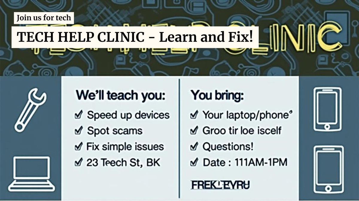 FixItNYTech's tweet photo. 🚨 FREE Tech Help Event! 🚨
Bring your laptop/phone this:
📅 Saturday, 16/8/25
⏰ 11AM-1PM
📍 123 Tech St, BK
We’ll teach you to:
🔧 Speed up slow devices
🛡️ Spot &amp; avoid scam
No RSVP - just walk in!
Perfect for beginners &amp; seniors.
🔁 RT to help others learn!
#FixItNYC #NYCTech https://t.co/xYrcYAfHHz