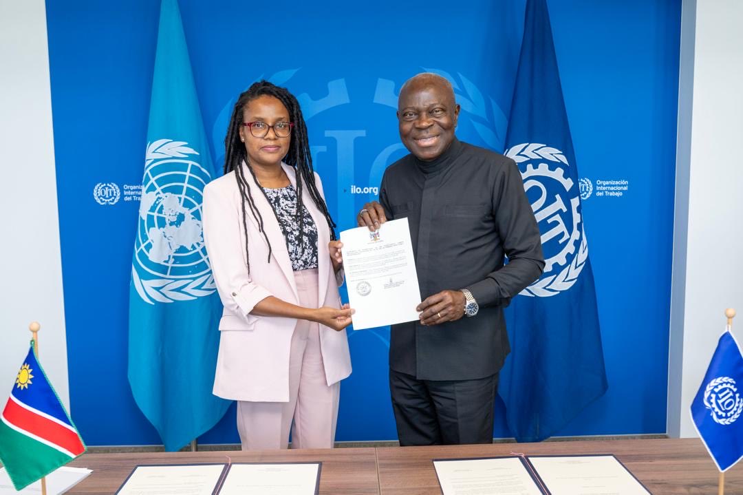 NamibiaPMGeneva's tweet photo. On 14 August, Namibia🇳🇦 deposited the instrument of ratification of the ILO Convention No. 156 of 1981 on Workers with Family Responsibilities with the Director-General of the ILO, Mr Gilbert F. Houngbo. https://t.co/T5kZaNHFFJ