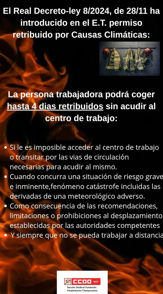 Ccoo_FH_ciempo's tweet photo. 🔥🌪️🌧️❄️ Ante incendios, olas de calor, nieve, lluvias.. 
 ¡Ahora hasta 4 dias retribuidos por riesgo climático extremo!
#derechoclimático #trabajoseguro #permisoretribuido 
#ccooteinforma
@CCOOSanidadMad https://t.co/VLl3c3A0yy