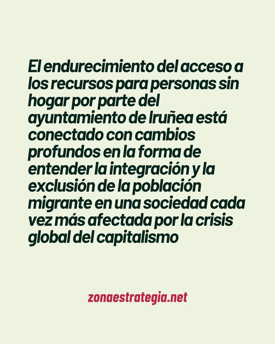 El ayuntamiento de Iruñea endurece el acceso a los recursos para personas sin hogar, lo que conecta con cambios profundos en la forma de entender la integración de la población migrante en una sociedad cada vez más afectada por la crisis del capitalismo.

zonaestrategia.net/torre-pacheco-…