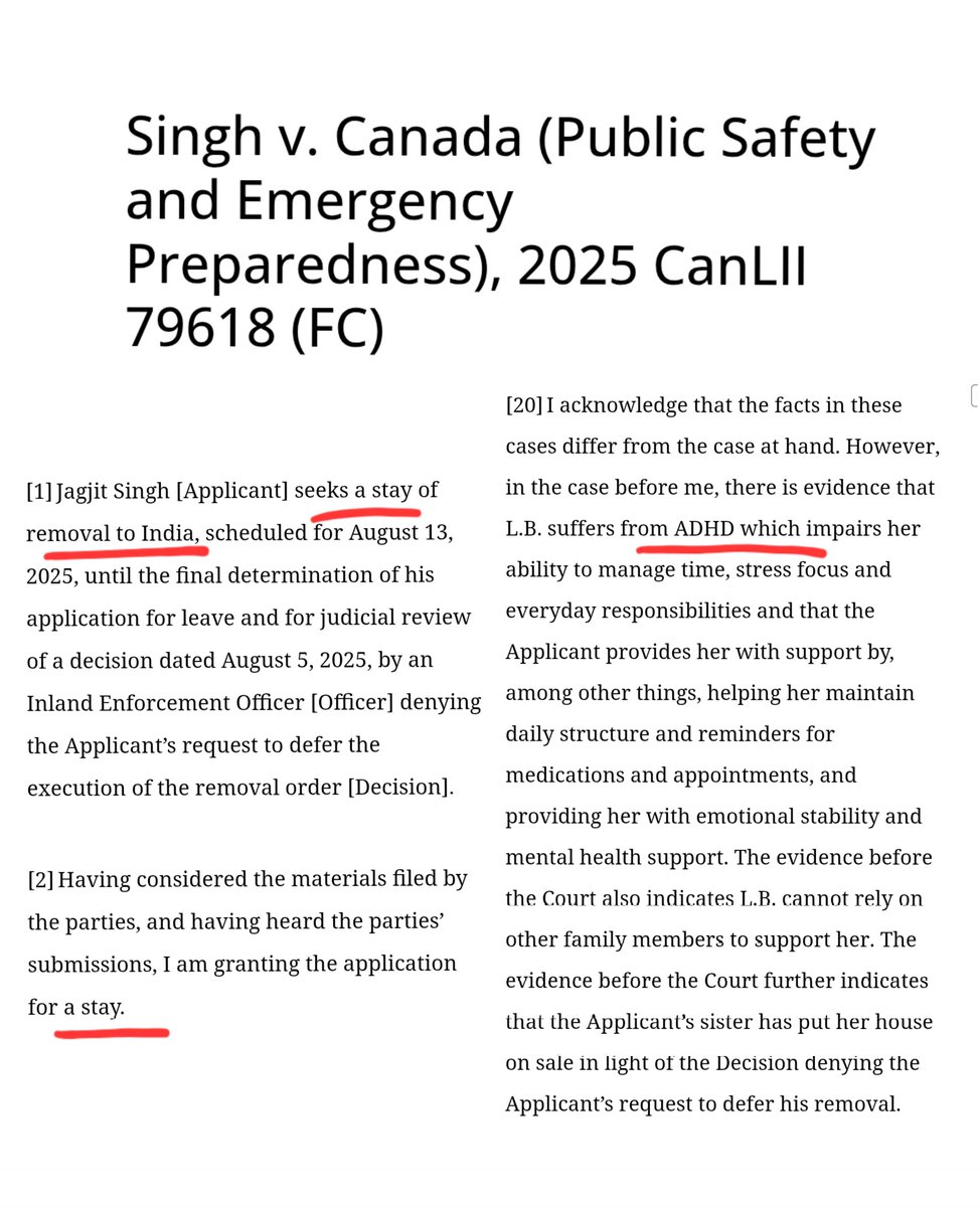 KirkLubimov's tweet photo. It just never ends 😮‍💨

Singh here came from India to Canada and on a temporary visa and made a refugee claim in 2021.

Instead of immediately deporting him, his deportation took all the way to 2025 to happen.

In the meanwhile, he met his wife in November 2024 and married her in January 2025 (🧐). His wife filed for his sponsorship, of course, so he doesn't want to get deported.

Justice Avvy Yao-Yao Go is granting his application stay in part because Singh's wife has ADHD and apparently, no one else can help her 🤦🏼

Absolutely ridiculous.