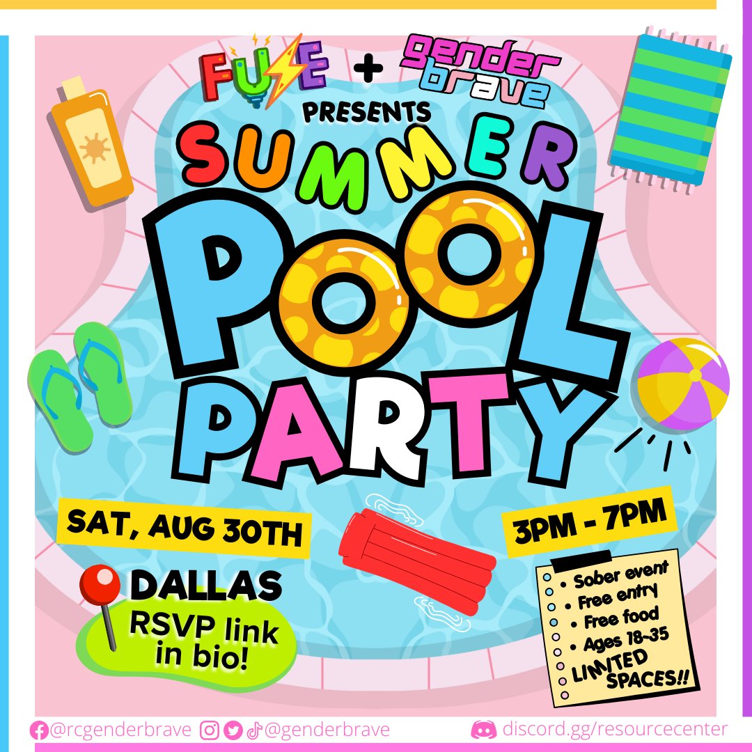 GenderBrave's tweet image. Are y'all ready for our Summer Pool Party?!?!  Make sure you RSVP to get a spot!  Sober space, free food, and free entry.  Spaces are limited so sign up soon!  GenderBrave is a social program for TGNC adults ages 18-35.  

#GenderBrave #lgbtq #lgbt #transgender