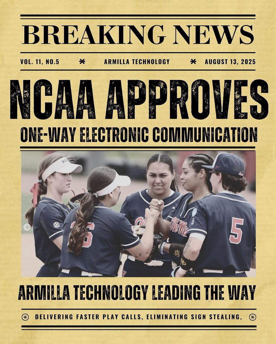 ArmillaTech's tweet image. History made. 🚨 The NCAA has officially approved one-way electronic communication to players — and Armilla Technology is leading the charge. Faster calls, no sign stealing, and more inclusivity for athletes who are hard of hearing. #CallThePlay