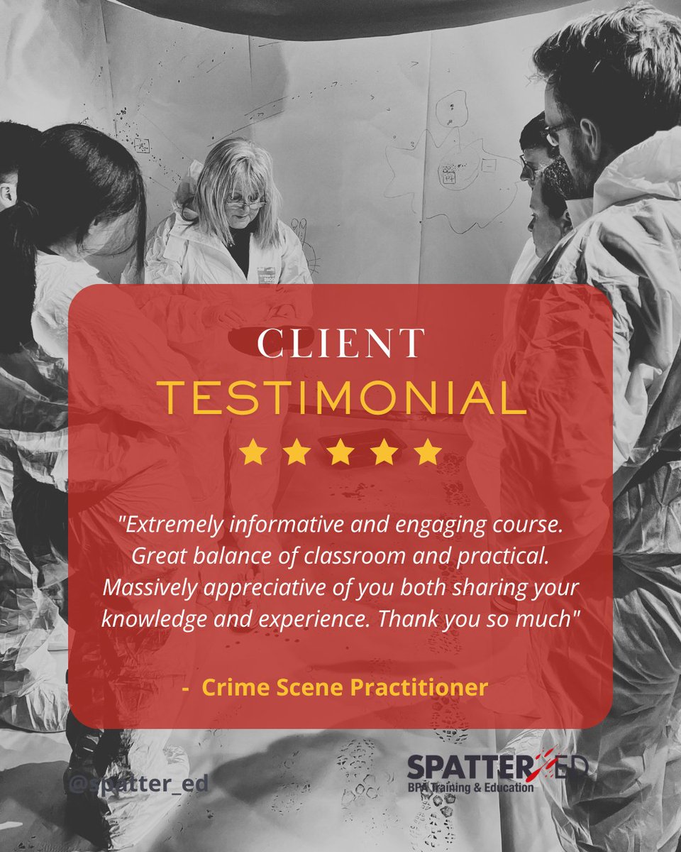 Ready to enhance your forensic capabilities? Start with evidence-based training!

Ready to become your department's BPA specialist?
Discover our range of courses: spattered.co.uk

#spatterchatter #BPAdogblog #forensicscience #bloodstainpatternanalysis