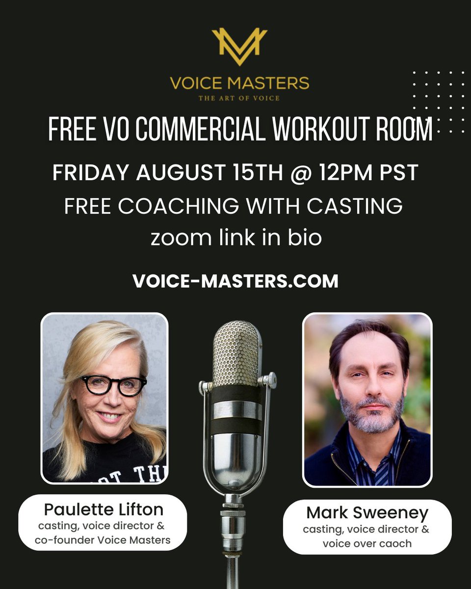 VOMasters's tweet image. 🎙️ Ready to sharpen your commercial VO skills?
Join us this Friday, August 15th at 12pm PDT for our FREE Commercial Voice Over Workout Room — live on Zoom! 🎧
🔗 Grab your spot: bit.ly/TALESFROMTHEBO…
#VoiceOver #CommercialVO #VoiceActing #VOWorkout